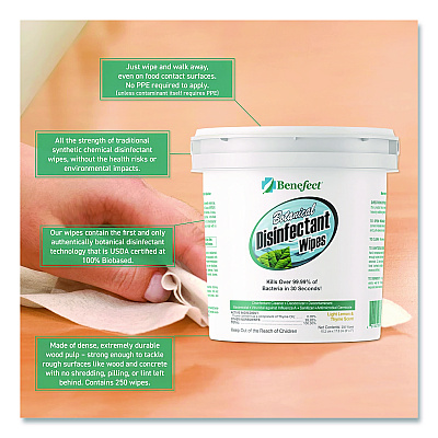 Benefect Botanical Disinfectant Wipes, 6 x 7, Light Lemon and Thyme, 250/Bucket (20376)