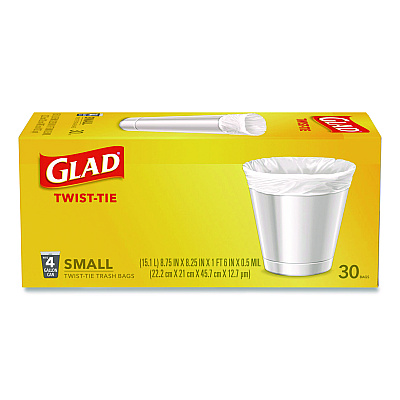 Glad Small Twist-Tie Trash Bags, 4 gal, 0.74 mil, 23 x 21.63, White, 30/Box (78817EA)