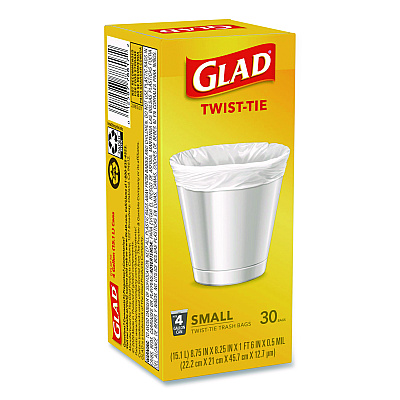 Glad Small Twist-Tie Trash Bags, 4 gal, 0.74 mil, 23 x 21.63, White, 30/Box (78817EA)