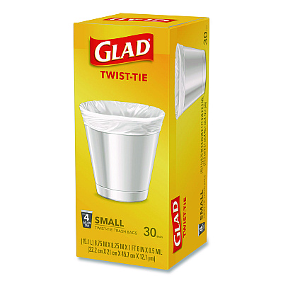 Glad Small Twist-Tie Trash Bags, 4 gal, 0.74 mil, 23 x 21.63, White, 30/Box (78817EA)