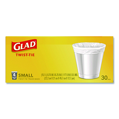 Glad Small Twist-Tie Trash Bags, 4 gal, 0.74 mil, 23 x 21.63, White, 30/Box (78817EA)