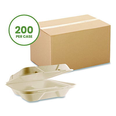 Vegware Nourish Molded Fiber Takeout Containers, Compostable, 3 Compartments, 9 x 9 x 3, White, Sugarcane, 200/Carton (VWHC93NFA)