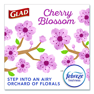 Glad OdorShield Small Drawstring Trash Bags, 4 gal, Cherry Blossom Scent, 0.5 mil, 18" x 17", Pink, 34/Box (79274)