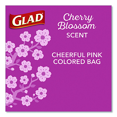 Glad OdorShield Small Drawstring Trash Bags, 4 gal, Cherry Blossom Scent, 0.5 mil, 18" x 17", Pink, 34/Box (79274)