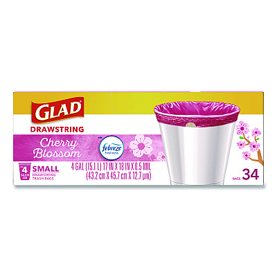 Glad OdorShield Small Drawstring Trash Bags, 4 gal, Cherry Blossom Scent, 0.5 mil, 18" x 17", Pink, 34/Box (79274)