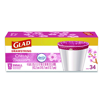 Glad OdorShield Small Drawstring Trash Bags, 4 gal, Cherry Blossom Scent, 0.5 mil, 18" x 17", Pink, 34/Box (79274)