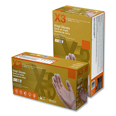 X3 by AMMEX Industrial Vinyl Gloves, Powder-Free, Small, 3 mil Thick, 9.5" Long, Clear, 100/Box (GPX342100BX)