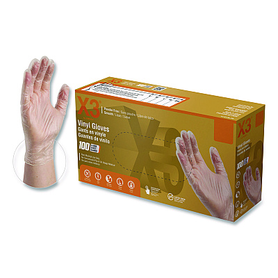 X3 by AMMEX Industrial Vinyl Gloves, Powder-Free, Small, 3 mil Thick, 9.5" Long, Clear, 100/Box (GPX342100BX)