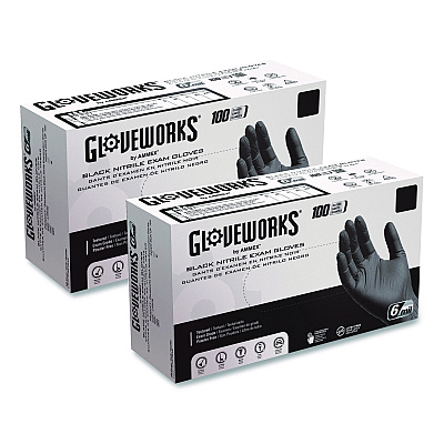 GloveWorks by AMMEX Nitrile Exam Gloves, Powder-Free, Small, 6 mil Thick, 9.5" Long, Black, 100/Box (GWBEN42100BX)