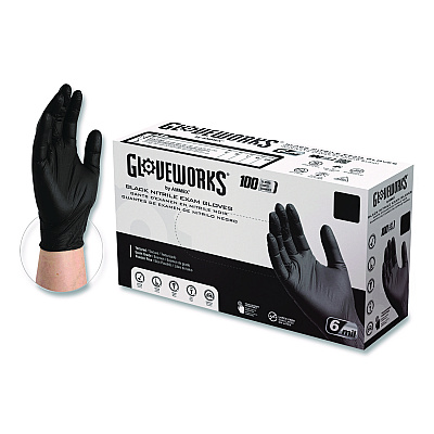 GloveWorks by AMMEX Nitrile Exam Gloves, Powder-Free, XX-Large, 6 mil Thick, 9.5" Long, Black, 100/Box (GWBEN49100BX)