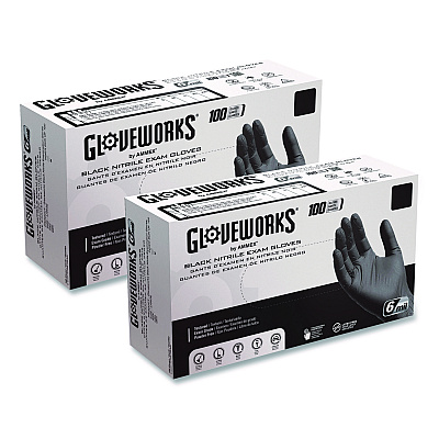 GloveWorks by AMMEX Nitrile Exam Gloves, Powder-Free, XX-Large, 6 mil Thick, 9.5" Long, Black, 100/Box (GWBEN49100BX)