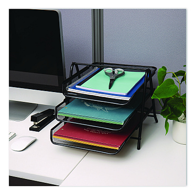 Mind Reader Tiered Metal Mesh Desk Tray Organizer, 3-Tier, Letter Size, 11.5 x 13.75 x 10, Black (3TPAPERBLK)