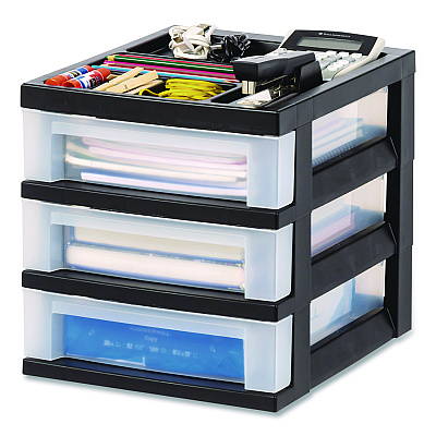 IRIS 3-Drawer Desktop Storage with Top Organizer Tray, Plastic, 12.17 x 14.33 x 12.93, Black/Translucent (116351)