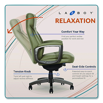La-Z-Boy Arcadian Bonded Leather Executive Chair, Supports Up to 275 lb, 19" x 22" Seat Height, Olive Back/Seat, Gray/Black Base (60008OLV)