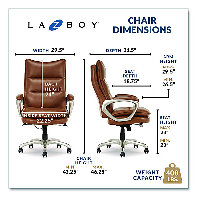 La-Z-Boy Jenkins Executive Big and Tall Chair, Supports Up to 400 lb, 20" to 23" Seat Height, Brown Seat/Back, Silver/Black Base (60075CAM)