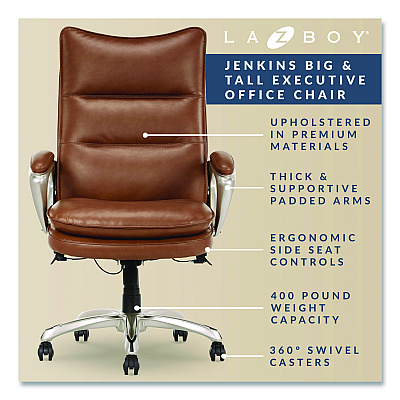 La-Z-Boy Jenkins Executive Big and Tall Chair, Supports Up to 400 lb, 20" to 23" Seat Height, Brown Seat/Back, Silver/Black Base (60075CAM)