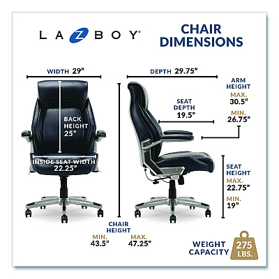 La-Z-Boy Meyer Bonded Leather Executive Chair, Supports Up to 275 lb, 19" x 22.75", Navy Seat, Navy/Back, Silver Base (60082NVYCC)