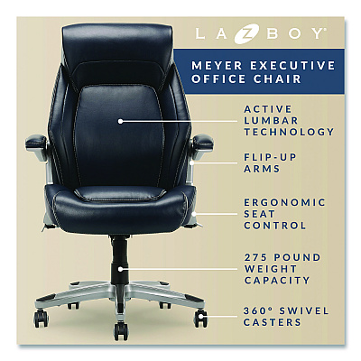 La-Z-Boy Meyer Bonded Leather Executive Chair, Supports Up to 275 lb, 19" x 22.75", Navy Seat, Navy/Back, Silver Base (60082NVYCC)