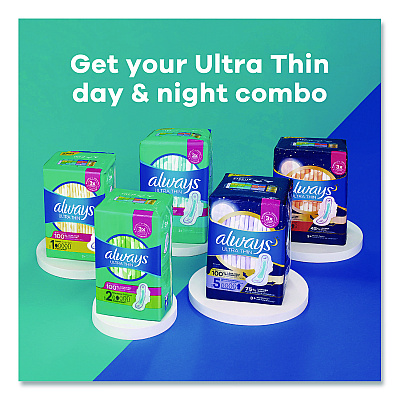 Always Ultra Thin Pads with Wings, Size 1, Regular Absorbency, 22 Pads/Pack, 12 Packs/Carton (03339)