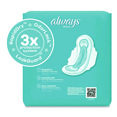Always Maxi Long Super Daytime Pad with Wings, Size 2, Super Absorbency, 18/Pack, 8 Packs/Carton (03368)