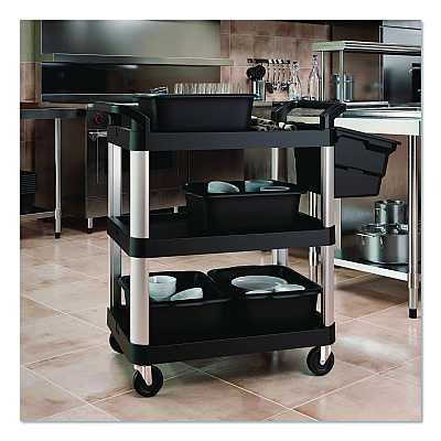 Suncast Commercial Three-Shelf Service Cart, Metal/Plastic, 3 Shelves, 300 lb Capacity, 20" x 34" x 37.92", Black (RC2030)