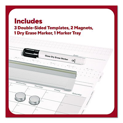 TRU RED Magnetic Glass Dry Erase Board with Templates, Six Views, 3 ft x 2 ft, White Surface (TR62139)