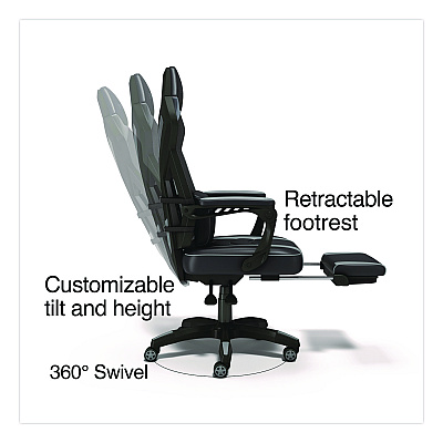 Emerge Vomax Bonded Leather Gaming Chair, Supports Up to 275 lb, 18.5" to 22.2" Seat Height, Black/Gray Back/Seat, Black Base (61364)