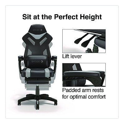 Emerge Vomax Bonded Leather Gaming Chair, Supports Up to 275 lb, 18.5" to 22.2" Seat Height, Black/Gray Back/Seat, Black Base (61364)