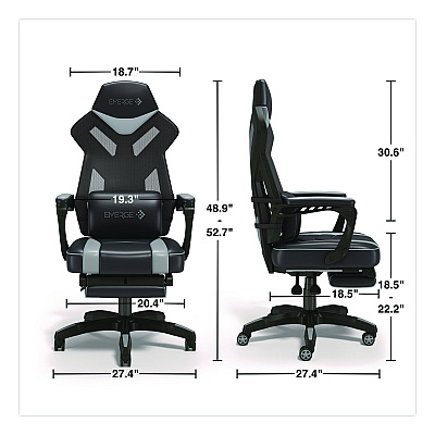 Emerge Vomax Bonded Leather Gaming Chair, Supports Up to 275 lb, 18.5" to 22.2" Seat Height, Black/Gray Back/Seat, Black Base (61364)