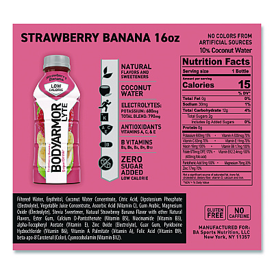 BodyArmor LYTE Sports Drink, Strawberry Banana, 16 oz Bottle, 12/Pack (411896)