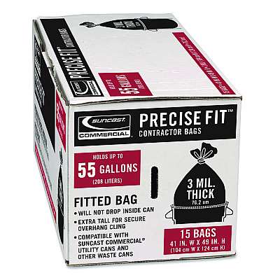 Suncast Commercial Precise Fit Contractor Bag, Open-Face, 55 gal, 3 mil, 41" x 49", Black, 15/Box (UCL55315B)
