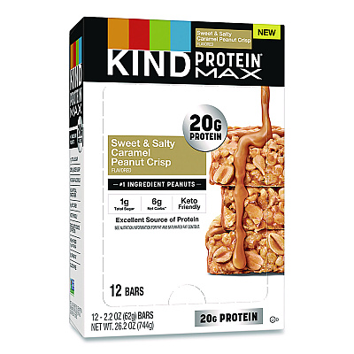 KIND Protein MAX Bar, Sweet and Salty Caramel Peanut Crisp, 2.2 oz Bar, 12/Box (PHW43475)