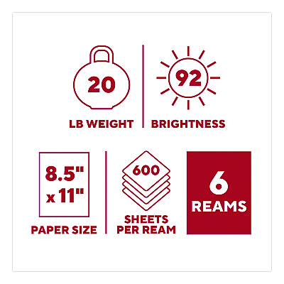 TRU RED Copy Paper, 92 Bright, 20 lb Bond Weight, 8.5 x 11, 600 Sheets/Ream, 6 Reams/Carton (TR62091)