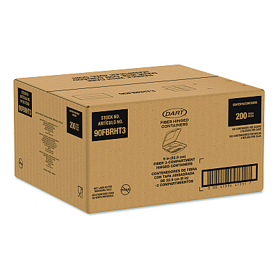 Dart Compostable Molded Fiber Hinged Trays, ProPlanet Seal, 3 Compartments, 9.14 x 9 x 2.98, Natural, 200/Carton (90FBRHT3)
