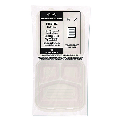Dart Compostable Molded Fiber Hinged Trays, ProPlanet Seal, 3 Compartments, 9.14 x 9 x 2.98, Natural, 200/Carton (90FBRHT3)