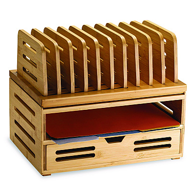 Officemate Bamboo Stackable Document Organizer with Drawer, 2 Sections, Letter Size Files, 14.09" x 10.08" x 7.7", Brown (71005)