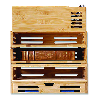 Officemate Bamboo Stackable Desktop Document Trays, 2 Sections, Letter Size Files, 14.09" x 10.47" x 4.4", Brown, 2/Pack (71004)
