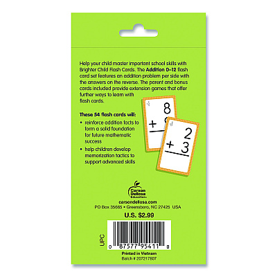 Carson-Dellosa Education Addition 0 to 12 Flash Cards, Grades 1 to 5, 3.25" x 5.25", Assorted Colors, 54 Cards (0769677118)