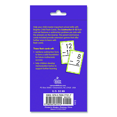 Carson-Dellosa Education Subtraction 0 to 12 Flash Cards, Grades 1 to 5, 3.25" x 5.25", Assorted Colors, 54 Cards (0769677215)