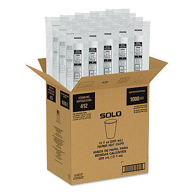 Solo Recycled Content PCF Paper Hot Cups, ProPlanet Seal, 12 oz, White/Blue, 1,000/Carton (412RCNPLANET)