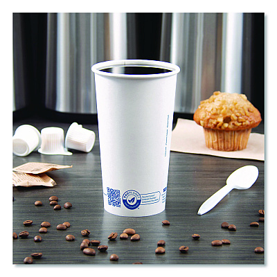 Solo Recycled Content PCF Paper Hot Cups, ProPlanet Seal, 20 oz, White/Blue, 600/Carton (420RCPLANET)