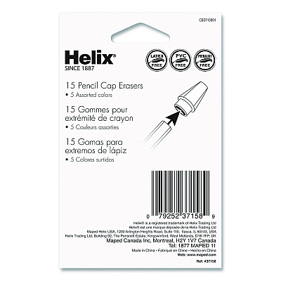 Maped Helix Classic Pencil Cap Erasers, For Pencil Marks, Assorted Colors, 15/Pack (37158)