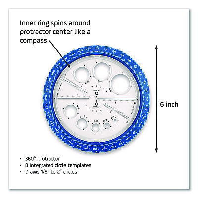 Maped Helix 360 Degree Angle and Circle Maker 2-in-1 Protractor and Compass Tool, 2" Ruler Edge, Plastic, Randomly Assorted Color (36002)