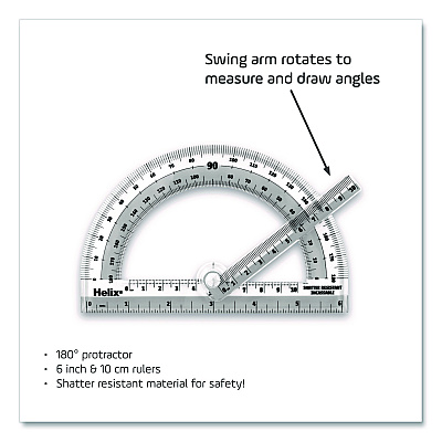 Maped Helix 180 Degree Shatter Resistant Swing Arm Protractor, 6" Ruler Edge/10 cm Ruler Edge, Plastic, Randomly Assorted Color (60009)