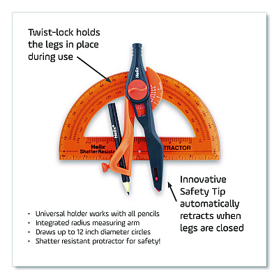 Maped Helix Locking Compass and Protractor Set, 12" Maximum Diameter, 6" Ruler Edge, Randomly Assorted Colors (18803)