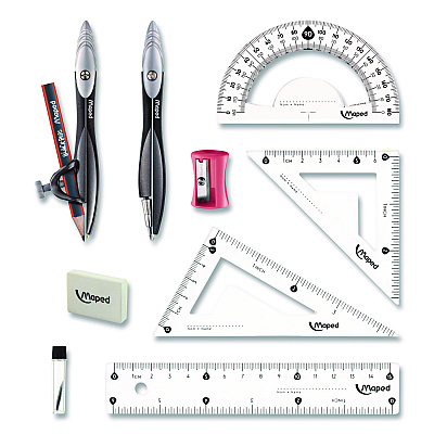 Maped Helix Metal Compass and Geometry Set, Metal/Plastic, Black/Clear, 10 Pieces (897010)