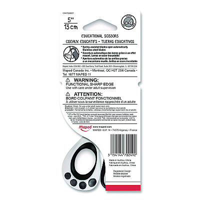 Maped Helix Kidy Spring-Assisted Educational Scissors Rounded Tip, 5.41" Long, 2" Cut Length, Straight White/ Black Handle (470249US)