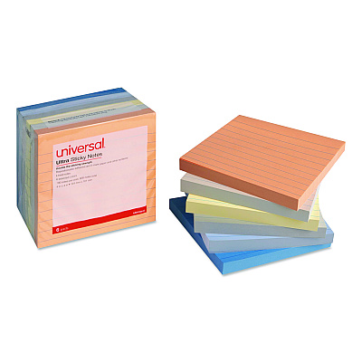 Universal Ultra Sticky Note Pads, Note Ruled, 4" x 4", Assorted Colors, 100 Sheets/Pad, 6 Pads/Pack (35633)
