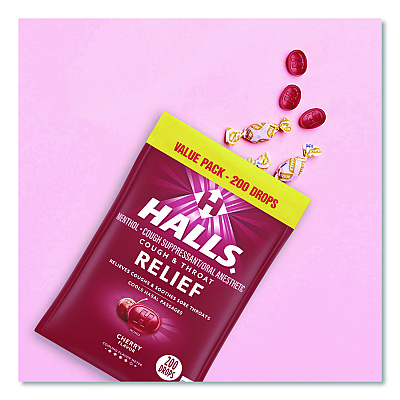 HALLS Relief Cough Drops - Value Size, Cherry, 200/Pack (22002530)