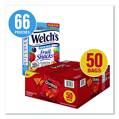 Snack Box Pros Doritos Nacho Cheese Tortilla Chips and Welch's Mixed Fruit Snacks, (50) 1oz Bag Chips, (66) 0.8 oz Pouch Fruit Snacks/Bundle (60004174)
